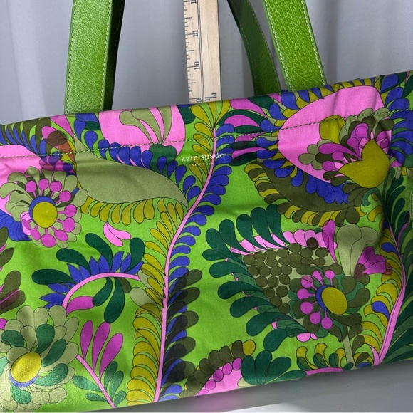 Rare Kate Spade Icon Green Floral Print Zip-Top Tote Bag Canvas Leather Handles - Picture 10 of 15